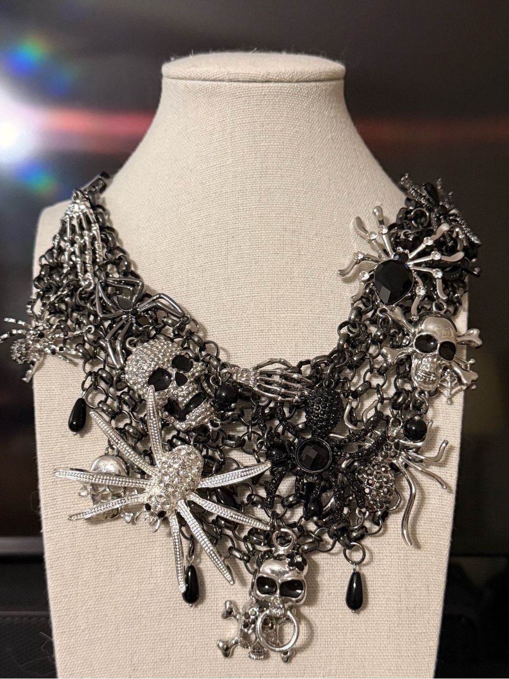 Natasha Couture Halloween Gothic Skull & Spider Statement Bib Necklace